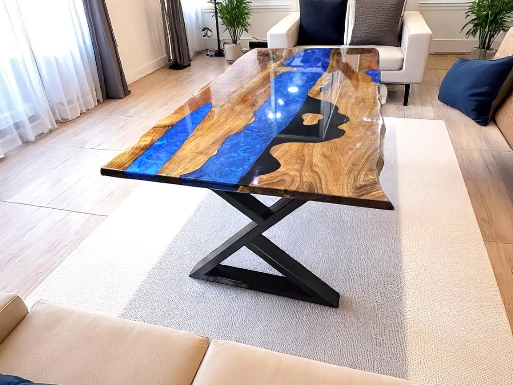 Live Edge Blue Resin Dining Table – Custom Walnut Furniture